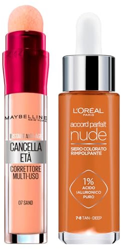 Maybelline New York Il Cancella Età Correttore Liquido Multiuso con Applicatore a Spugnetta Colore 07 Sand + Accord Parfait Nude Siero Colorato Rimpolpante Colore 7-8 Tan Deep