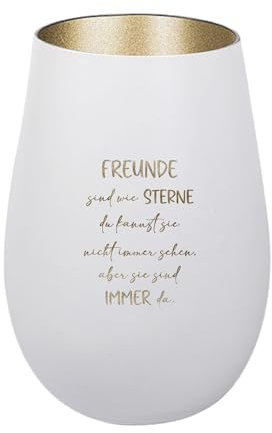 Der-Porzellan-Laden Windlicht mit Gravur Freunde sind wie Sterne, Weiß Gold, Teelichthalter aus Glas mit Spruch, Tischdeko modern