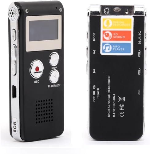 USB Dictaphone Enregistreur Numérique, Dictaphone Rechargeable Portable et Lecteur de Musique MP3, enregistreur Vocal numérique,intégré 8 Go Mémoire Flash (Noir)