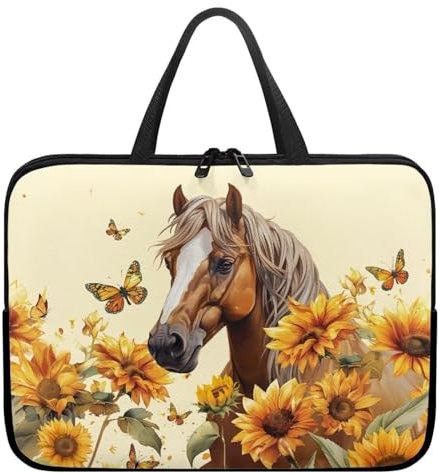 Suhoaziia Laptophülle, Laptophülle, Computertasche, Tablet-Tragetasche mit Griff, passend für 25,4 - 43,2 cm (10-17 Zoll) Notebook-, Sonnenblume Pferd Schmetterling, 12 Inch