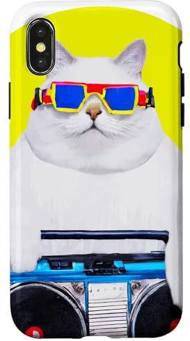 Hülle für iPhone X/XS dicker weißer Kater mit Ghettoblaster im 80er Look Musik