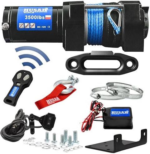 Husar Winch Treuil Électrique 12V, 3500 lbs 1587 kg - Corde Synthétique de 12 mètres de long, Très Solide,Contrôle Sans Fil, Frein Automatique, Kit De Montage -Idéal Pour Les ATV/UTV + SANGLE GRATUITS