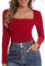 SHAPERIN Women’s Long Sleeve Tops Square Neck Top Plain Casual Shirts Base Layer Ribbed Tee Red 1# S