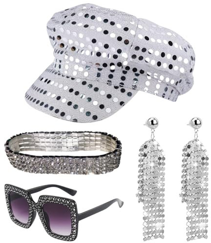 YCVBCY 4 Stück 70er Jahre Disco Zubehör,Disco Accessoires 70er Jahre Kostüm Glitzer Baskenmütze Disco Hut Pailletten Stulpen Disco Brille Sonnenbrille Discokugel Armband und Stirnband für Damen