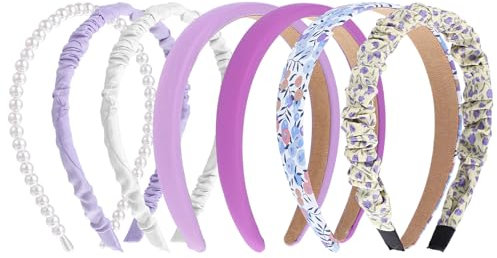 COMNICO Fashion Headbands for Women, 7Pcs Non Slip Pearl and Flower Set - Wide, Thin, Twisted Designs in Purple - Different Patterns for Women and Girls
