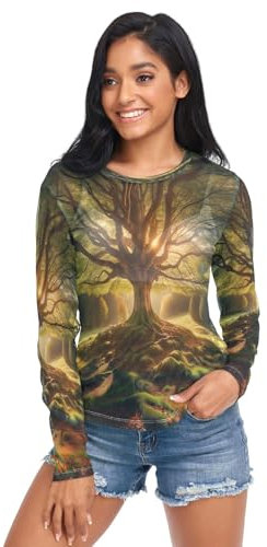 Vibrant of Neon Butterflies and Flowers Long Sleeve Mesh Top, Sexy Mesh Tops for Women, Big Tree, S