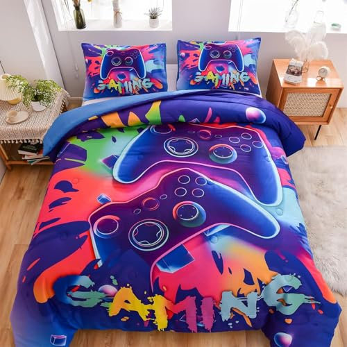 Tabeskly Boy Kids Blue Gaming Gamepad Gamer Soft Zipper Bed Bedding Duvet Cover Set Double Colorful Purple 200×200cm