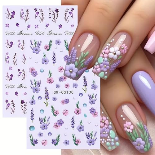 Kabwea 6 Pcs 3d Sommer Blumen Nail Art Sticker, Nagelsticker, Nail Sticker, Nageldesign, Nagelsticker Selbstklebend, Nail Art, Nagelsticker Uv HäRtend, Nagel Stickers