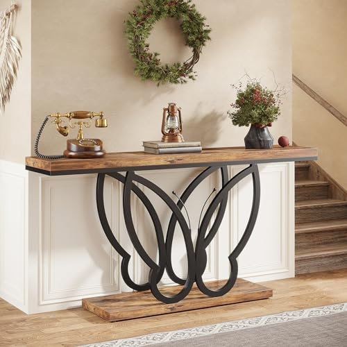 Tribesigns Table Console de 140 cm, Table d'entrée en Bois et Métal Papillon, Longue et Étroite pour l'Entry, Couloir, Salon, Foyer, Marron et Noir