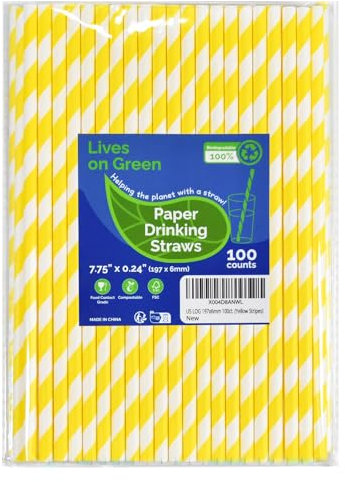 Lives on Green Lot de 100 pailles jetables en papier à rayures respectueuses de l'environnement - Jaune/blanc - 19,7 x 0,6 cm - Pour cocktail, fête, jus, eau, lait