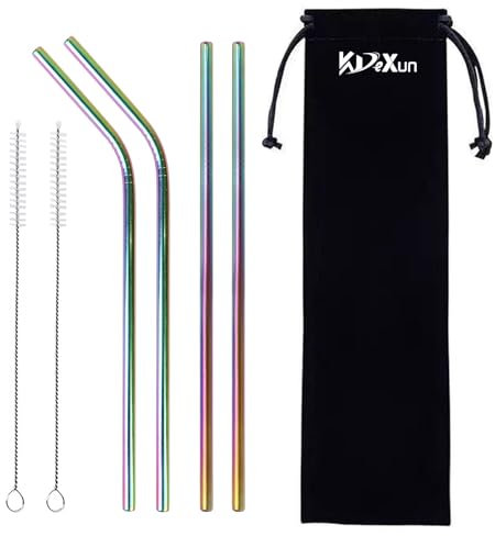 KVDeXun 4PCS Reusable 18/8 Stainless Steel Metal Straws with Carry-on Bag - Long Drinking Straws for 30 oz and 20 oz Tumblers - 2 Cleaning Brushes Included