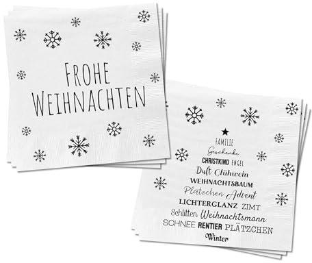 Servietten 80 Stück mit 2 verschiedenen Motiven - Frohe Weihnachten - Tischdeko Papierservietten 2er Set mit Spruch - Papier Tuch 3-lagig mit Text bedruckt