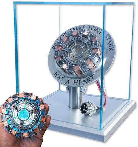Arc Reactor MK2-1:1 Scale,Tony Heart Includes LED Light with Vibration Sensor with Metal Base Display Case for Decorating Collections and Gifts, Silver, Silver, F