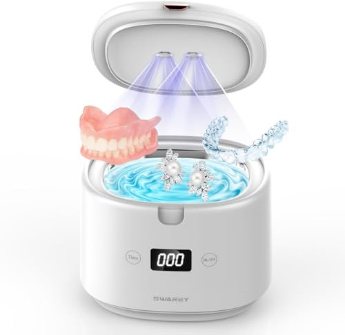 SWAREY Ultraschall-UV-Reiniger für Zahnprothesen 45KHz 30W Ultraschallreinigungsgeräte 230ML Tragbarer Ultraschallreiniger für Alle Dentalgeräte Mundschutz Zahnspangen Aligner Zahnbürstenköpfe Schmuck