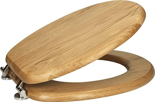 Affine® Toilet Seat Oak Effect Solid Wood Round Wooden Bottom Fitting Fixings Traditional Bathroom Durable Hinges Easy Clean Seats for Toilets