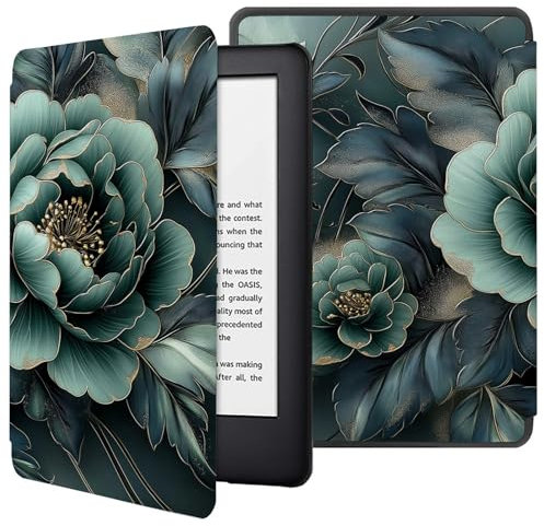 Étui pour Toute Nouvelle Liseuse Kindle 6 (11E Génération, Sortie 2024/2022), Housse De Protection Fine Et Légère en Cuir PU avec Fonction Veille/Réveil Automatique-Pivoine Verte de Luxe