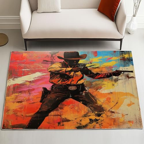 LLponhg Cowboy Deko Teppich Flanell Waschbar 140 x 200 cm, Wild West Bunt Graffiti Teppich Flauschig Weich rutschfest, Western Style Teppich für Schlafzimmer Wohnzimmer Bodendekoration