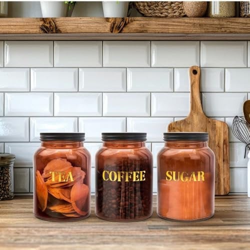 FABFINDS Tea Coffee Sugar Canister Set Airtight Glass Storage Canister Jars 3 Piece