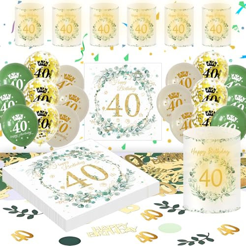 Deko 40. Geburtstag Frau Mann, Eukalyptus 40th Happy Birthday Decorations Servietten+Windlicht Tischdeko+Konfetti+Luftballon Grüne Gold, 40 Geburtstag Deko Männer Frauen (40th Birthday Tischdeko)