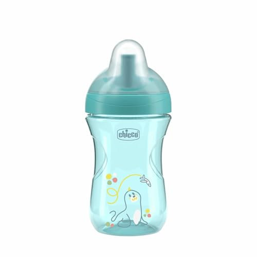 Chicco VASO ADVANCED, Vaso antigoteo de plástico 266 ml con pajita, boquilla ergonómica y válvula, 0% BPA, 12M+, Azul
