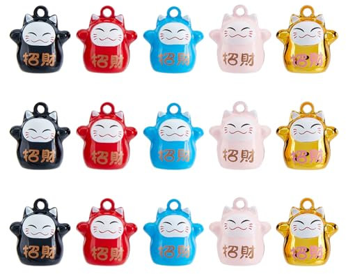 SUPERFINDINGS 15Pcs 5Colors Lucky Cats Charms with Bell Maneki Neko Bell Fengshui Fortune Lucky Kitty Charms Brass Enamel Pendants DIY Decoration Home Car Rear Backpack Keychain