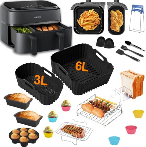 Heißluftfritteuse Zubehör für Philips Dual Basket Airfryer 3000 Series 6L/3L NA350/NA550, 25 Stück Airfryer Silikonform Zubehör Set für Philips Airfryer Dual Basket 3000-5000 Series 9L