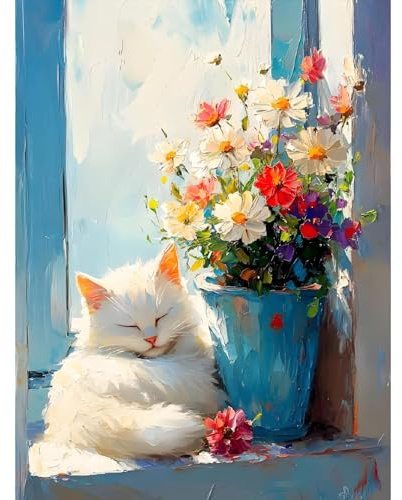 UNIQUORS Kit de peinture par numéros pour adultes Panda et fleurs Acrylique 40 x 50 cm Pour adultes et enfants - Enfants de 8 à 12 ans peinture par numéros (Chat sur le rebord de la fenêtre)