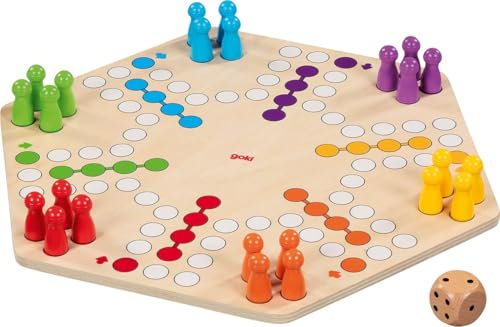 goki 56298 – Ludo für bis zu 6 Spieler aus Holz – Gesellschaftsspiel im XL-Format, Durchmesser ca. 34 cm, beidseitig bespielbar