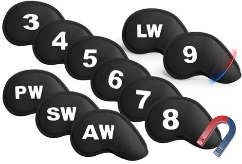 Golf Iron Headcovers Magnetic Printed Embroidered Numbers 11 Pack,Golf Iron Head Covers Club Protector Lightweight (Black)
