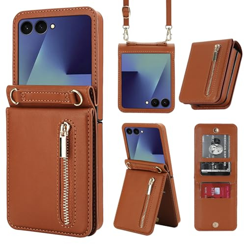 XIMAND for Samsung Galaxy Z Flip 7 Luxury Zipper Wallet Phone Case, Multi-Function Kickstand Card Holder Adjustable Crossbody Strap, Fashion Flip Case.(Brown)