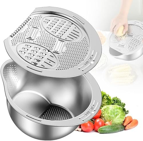 Cesta Drenaje para Verduras Coladore de Acero Inoxidable Multifuncional con Pico Vertedor y Pelador para Lavar Arroz, Escurridor Pasta, para Escurrir y Lavar o Conservar Verduras Frutas Cereales