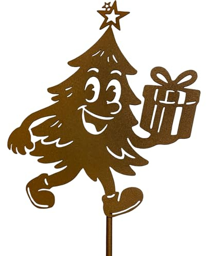 KRONLY Gartenstecker Weihnachtsbaum mit Comic-Figur, 33x16 cm, Wetterfeste Metalldekoration, Rostoptik