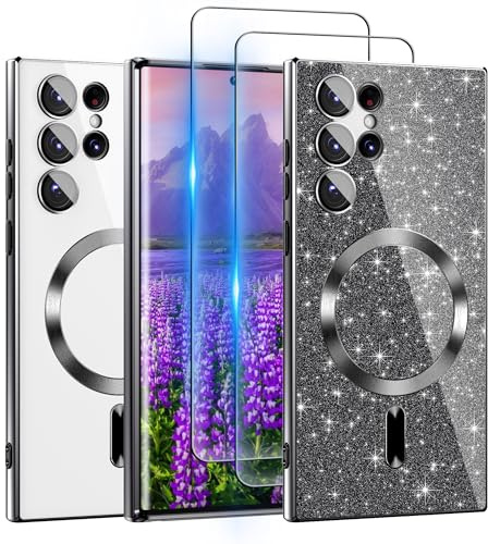 Clear Handyhülle für Samsung Galaxy S22 Ultra Hülle: 【magsafe Fit】【mit Passfarbiger Glitzerkarte & Schutzfolien 】 360° Kamera-Schutz,Nie Vergilbung,Schutz nach Militärstandard für S22 Ultra,Schwarz