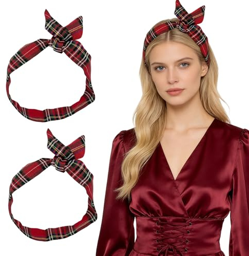 GYIOFAI 2 Stück Party Fashion Rote Tartan Stirnband Damen, Schottenkaro Rote Stirnbänder Rot Plaid Stirnband für Damen, Weihnachten Haarband Kosmetik Verknoten Haarreifen, Karneval, Mottoparty (Rot)