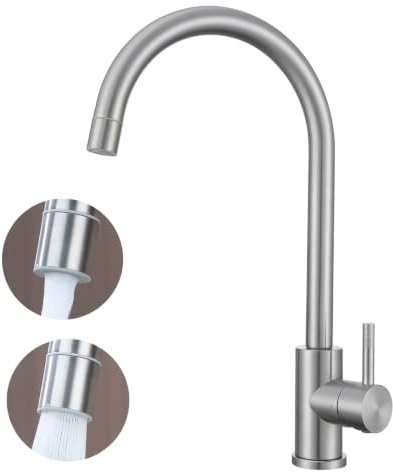 Premium 304 Stainless Steel Kitchen Tap, Single Lever Hot & Cold Control, Swan Neck Spout, Dual Function Spray & Aerated Stream Modes,Heavy Duty 1 Hole Kitchen Mixer Tap Sink Tap Brushed