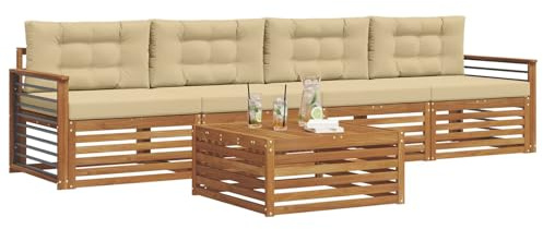 vidaXL Outdoor-Sofagarnitur mit Kissen 5 pcs Natur und Beige, Gartenlounge, modernes Outdoor-Sofa, Sitzmöbel für die Terrasse, langlebige Komfort-Einheit