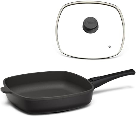 Hoffmann STONIQ Viereckpfanne 28 x 28 cm PFAS-frei | Induktionspfanne Aluminium Handguss Made in Germany | Antihaftbeschichtung mineralisch | abnehmbarer Stiel | backofengeeignet (Mit Glasdeckel)