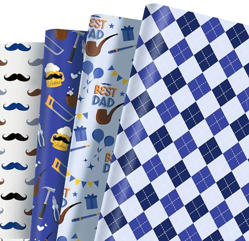 12 Blätt Geschenkpapier Vätertag Blau Lustiges Motiv für Papa Geburtstag Vätertag Geschenkverpackung Gift Wrapping Paper,50 x 68 cm