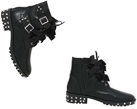 Core Collection New Women Ladies Studded Lace Up Ankle Boots Buckle Bikers Flat Shoes Size Black Faux Leather