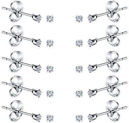 FOSIR 2-4MM Tiny Women's Stainless Steel Round Clear Cubic Zirconia Stud Earrings(10 Pairs)