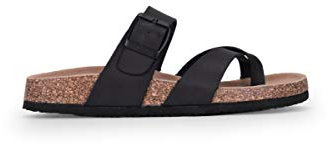 BOSANOVA Sandales plates composées de deux bandes croisées sur le dessus, une avec boucle réglable et semelle en liège bio sans fermeture. Chaussures pour femme, Noir , 37 EU