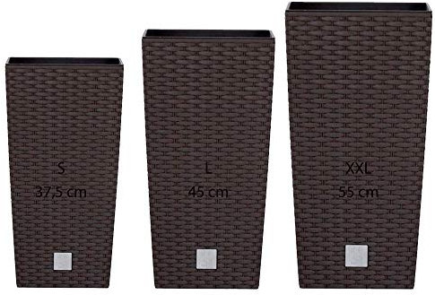 Pack 3 macetas altas Prosperplast (11,4/19/35 litros) Rato Square de plastico en color ocre oscuro con deposito.