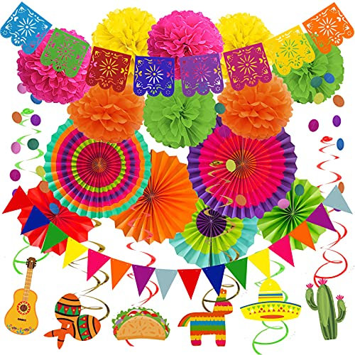 Recosis Mexico Party Decorations, Fiesta Paper Fans Pom Poms Picado Banner Pennant Garland String Hanging Swirls Decorations for Mexican Fiesta Cinco De Mayo Taco Themed Birthday Party Supplies