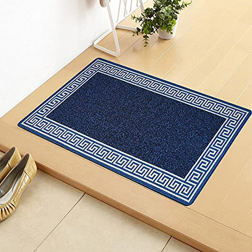 Door Mats Inside Non Slip Super Absorbent Heavy Duty Washable Bath Mat - Jute Back Floor Mats for Kitchen Office Chair Front Doormat Indoor | 40 X 60 cm - Greekey Blue & Cream