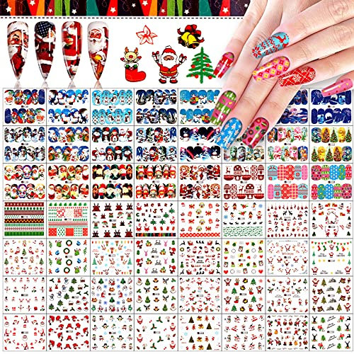 72 Sheets Christmas Nail Art Stickers, EBANKU Snowflakes Water Transfer Nail Decals Xmas Santa Claus Reindeer Christmas Bell Socks Nail Design for Christmas Party Nail Decoration