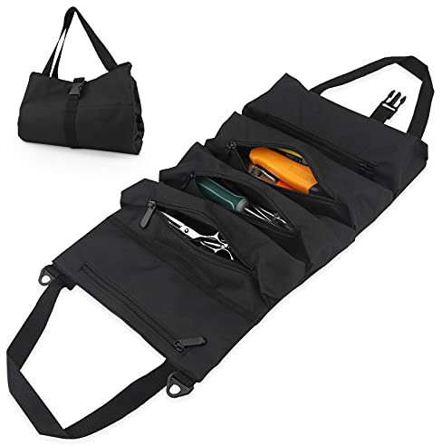 Tasca Porta Attrezzi Portatile, Borsa Multiuso Attrezzi, Borsa per Attrezzi Arrotolabile, Chiavi Super Roll Tool per Cacciavite con 5 Tasche Cerniera Per Elettricisti/Falegnami/Idraulici - Nero