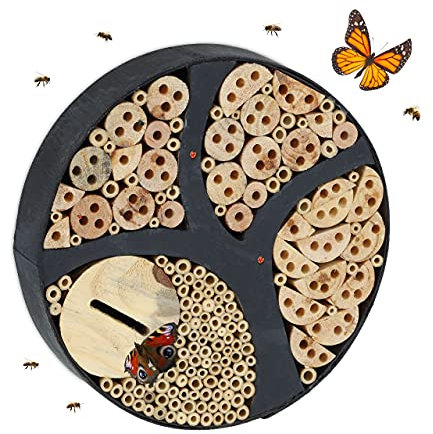 Relaxdays Insektenhotel, runde Nisthilfe für Schmetterlinge, Bienen & Wespen, Garten & Balkon, HxD: 6,5 x 30 cm, schwarz