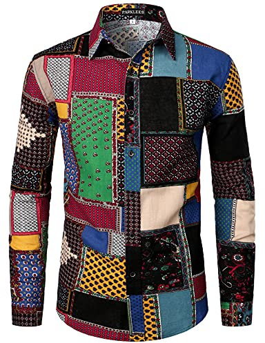 PARKLEES Mens Retro Traditional Ethnic Pattern Printed Linen Long Sleeve Button Down Shirt Black Green XL