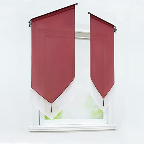Joyswahl 1 Pièce Rideau Brise Bise Passe Tringle sans Percage avec Frange à Pompon Transparent Tamisant Lumière Elegant Rideaux de Cuisine Rouge LxH 60x90cm