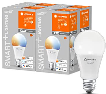 LEDVANCE Smarte LED-Lampe mit WiFi Technologie, Sockel E27, Dimmbar, Lichtfarbe änderbar (2700-6500K), ersetzt Glühlampen mit 60 W, SMART+ WiFi Classic Tunable White, 4er-Pack